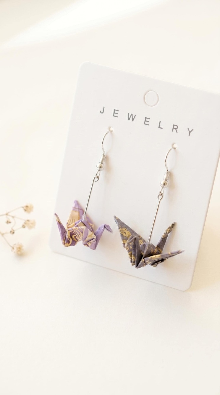 Origami Crane Dangle Earrings, Japanese Folk Art Jewelry, Hypoallergenic Stainle